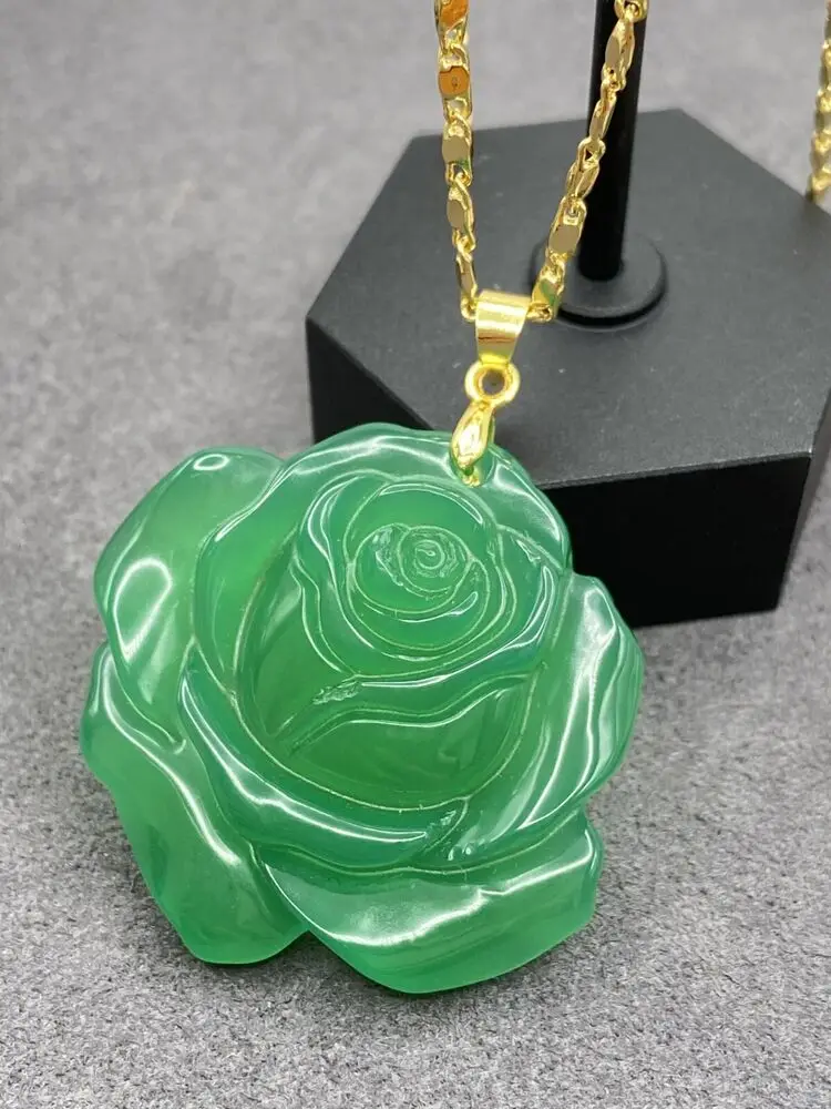 

Jade Rose Flower Carved Pendant Charm Necklace 18K Gold Plated