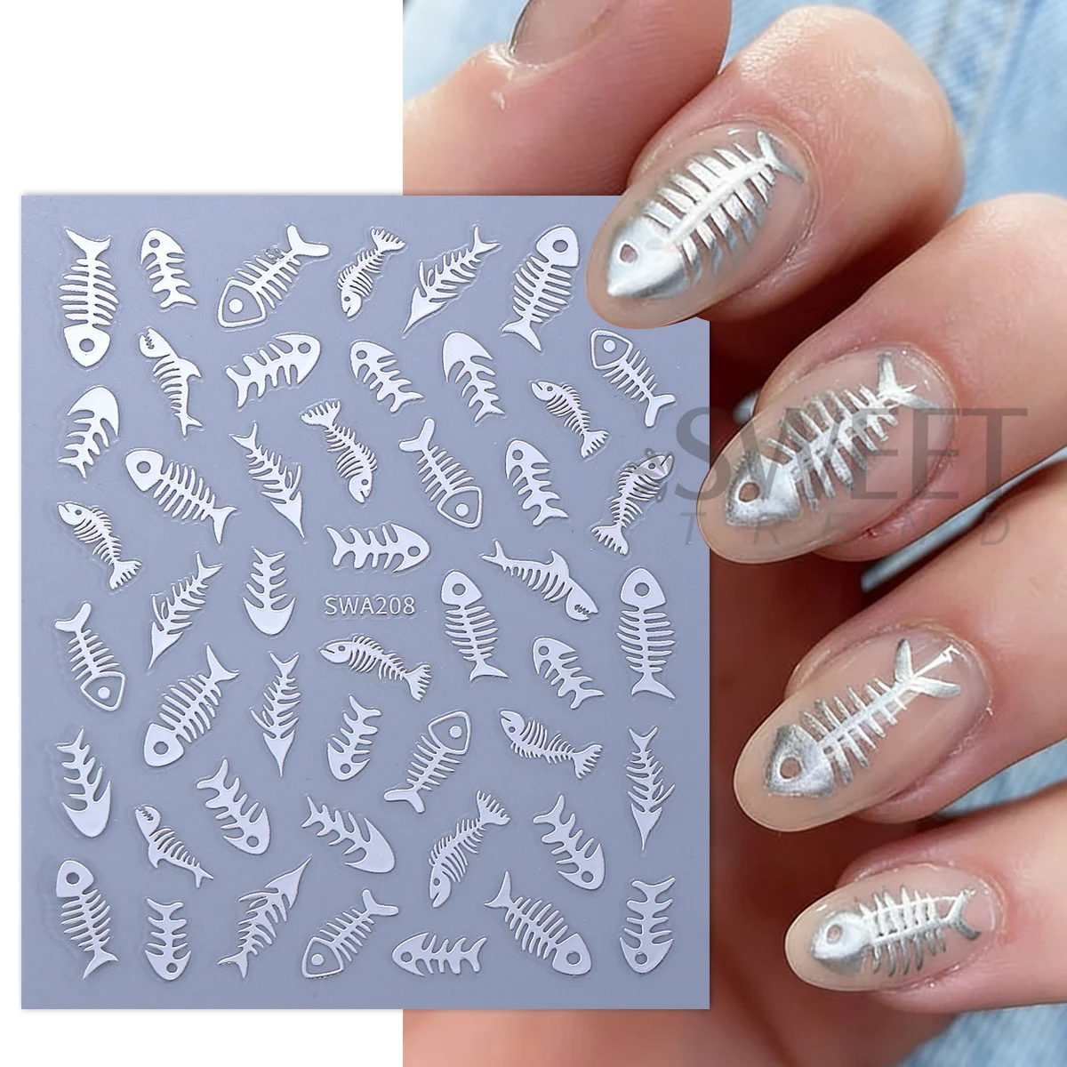 2pcs Gold Silver Fishbone Nail Sticker Metal Design Summer Ocean Style Adorable Decals Simple Fish Image Trending Manicure Decor