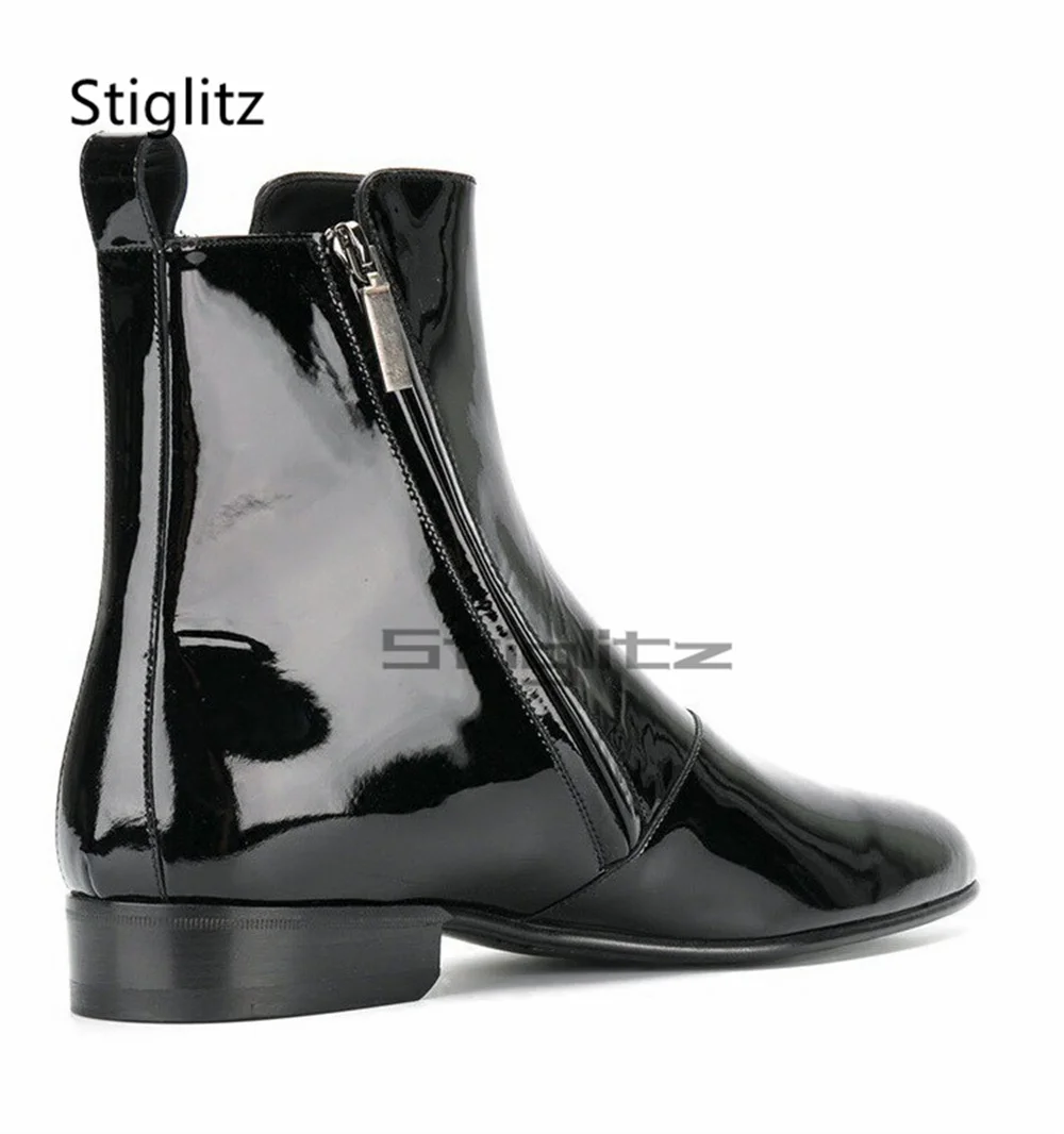 Men's Bright Patent Leather Ankle Boots British Style Pointed Toe Side Zip Low Heel Chelsea Boots Spring Autumn Business Shoes