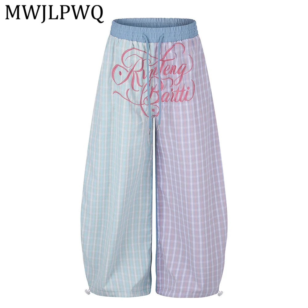 MWJLPWQ Plaid Color-Blocked Unique Curved Wide-Leg Pants Men Street Floral Letter Embroidery Niche Loose Casual Trousers 16691