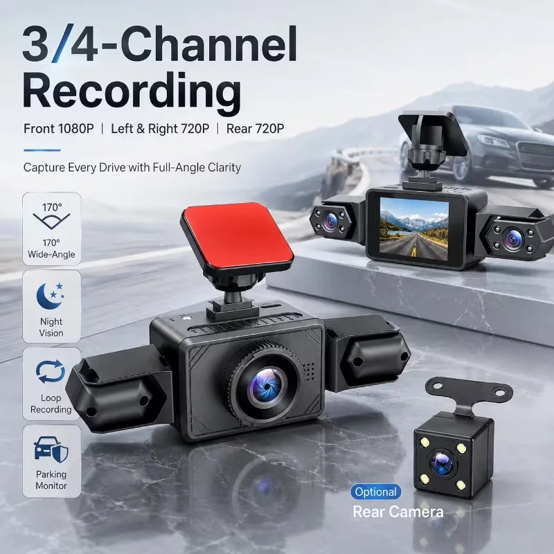 2026 Model 3-Channel Dash Cam with F/2.0 Aperture Night Vision G-Sensor 24-Hour Parking Monitoring Loop Recording Plug-and-Play