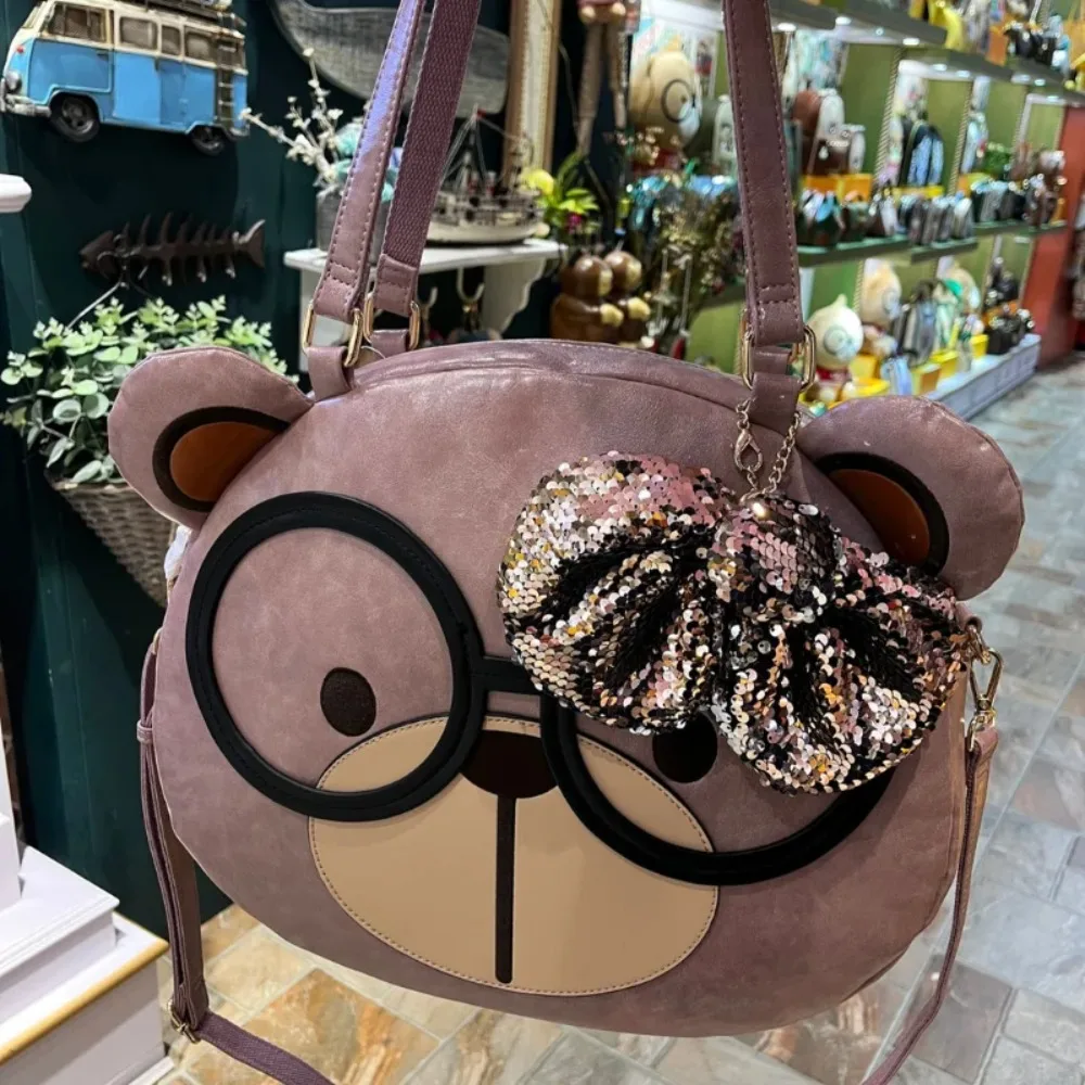 

CREAM BEAR Большая сумка на одно плечо, женская большая сумка, круглая мягкая кожаная сумка с галстуком-бабочкой, милая сумка для девочек, дорожные сумки для женщин 2024