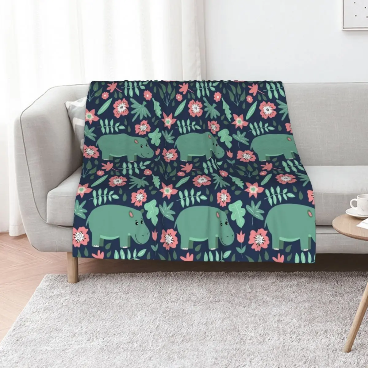 

Green Hippo Floral Pattern Throw Blanket Multi Purpose Soft Warm Blanket for Home Travel