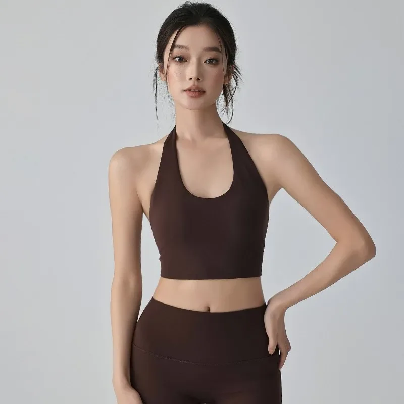 Solid Color Breathable Naked Feel Sexy Backless Sports Bra Halter Neck Fitness Crop Top Sports Running Cycling Workout Yoga Vest