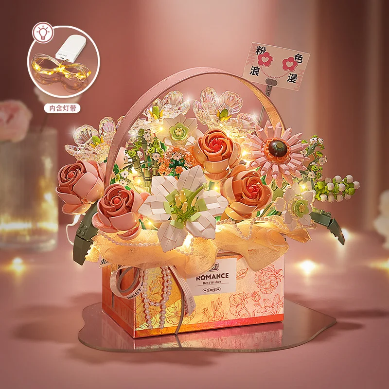 Mini Rose Flower Basket Flower Bundle Building Block DIY Flower Basket Home Decorative Brick with Light Cute Gift Toy