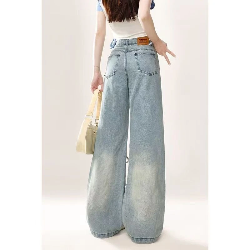 Y2k Estetica Harajuku Wash Jeans Chic Casual Stampato Pockcet Bow Pantaloni in denim Pantaloni a vita media larghi vintage a figura intera