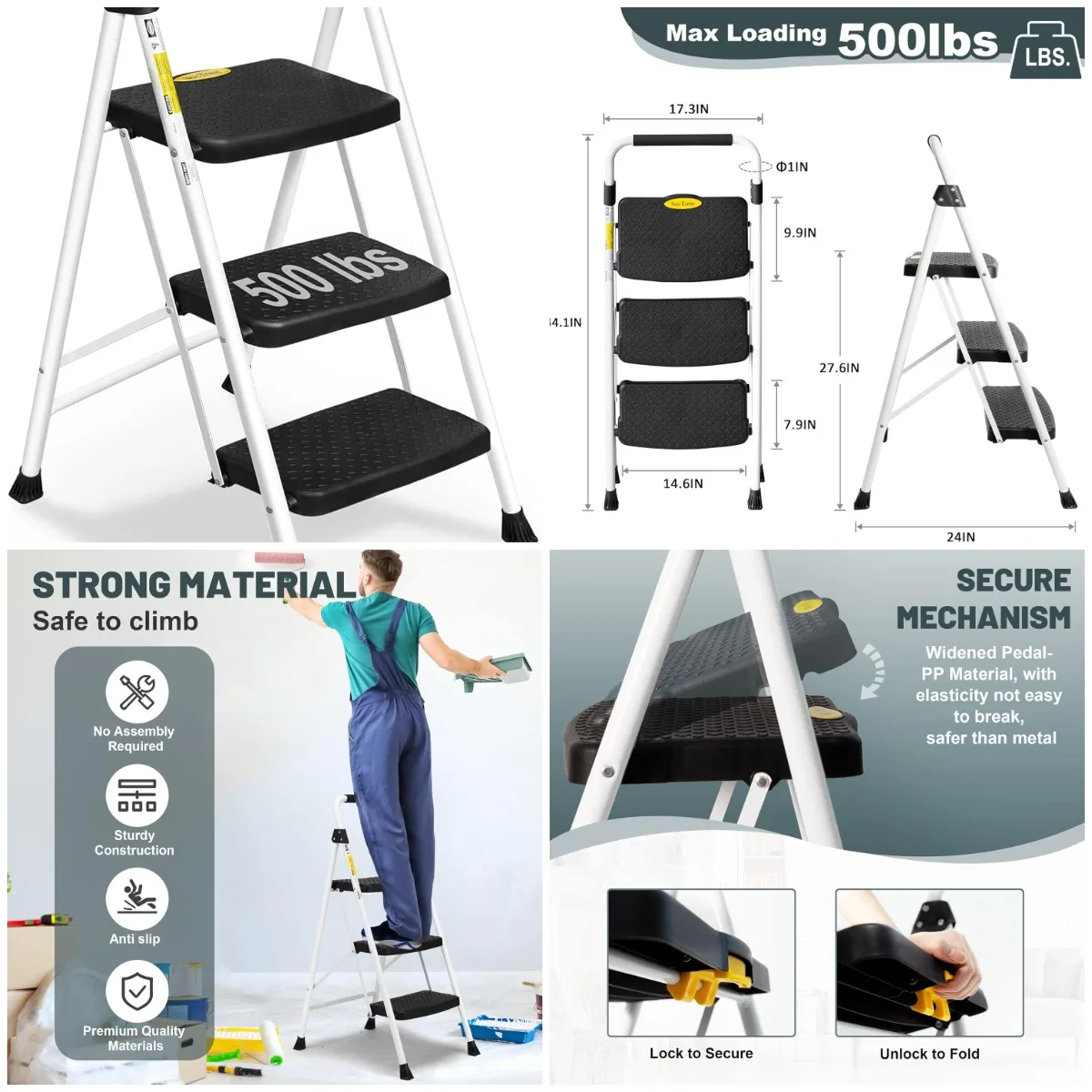 

3-ступенчатая складная лестница, легкая белая стремянка с ручкой, вместимость 500 фунтов, идеально подходит для кухни и дома.