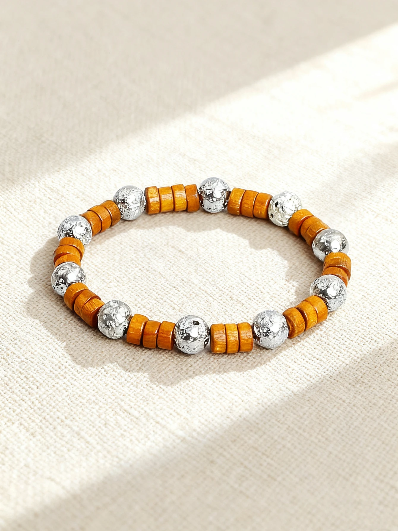 Yellow Wood Slice Retro Bracelet Silver Color Lava Stone Beads Healing Protection Grounding Charm Unisex Beaded Fashion Jewelry