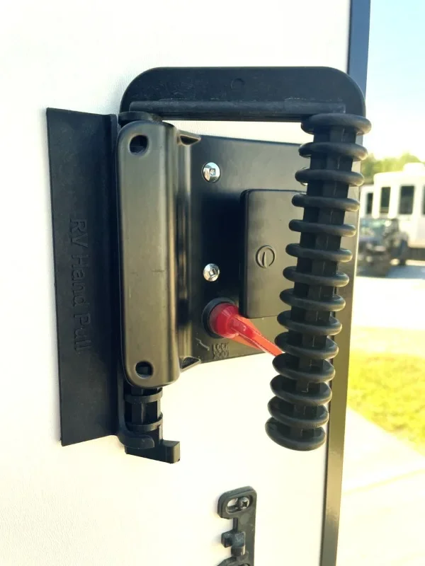 

RV door handle accessory pull suitable for most Class C and travel trailers