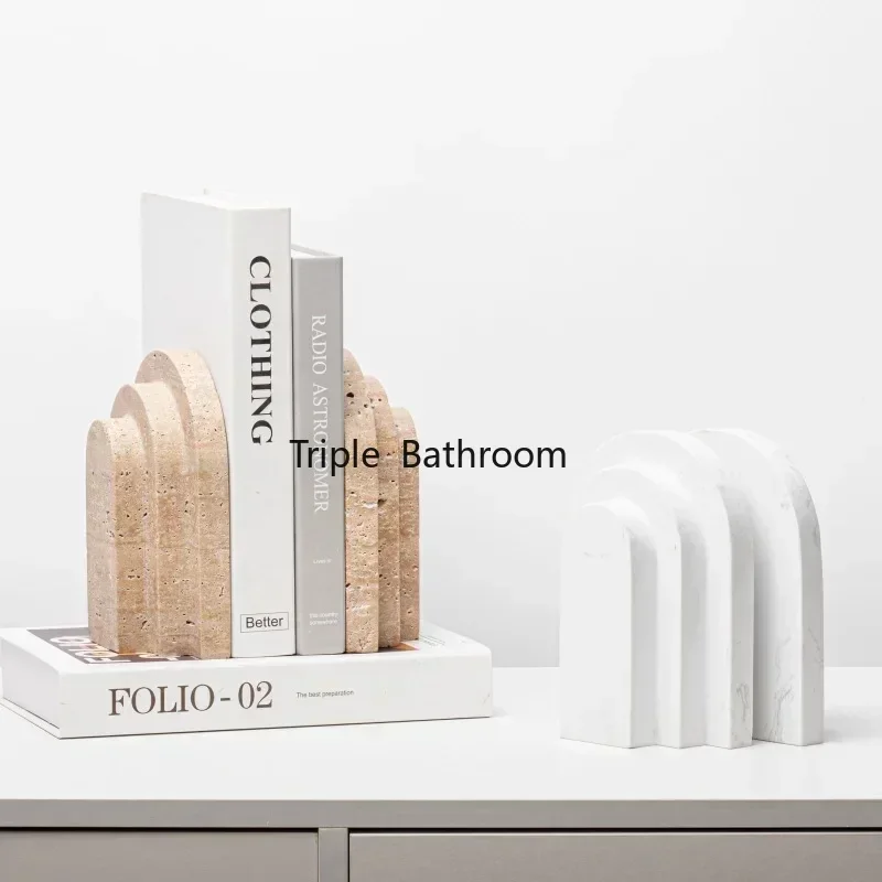 Natural Travertine Marble Bookends Pair Vintage U Shape Beige Stone Bookend Book Stand Holder Room Decor Home Decoration