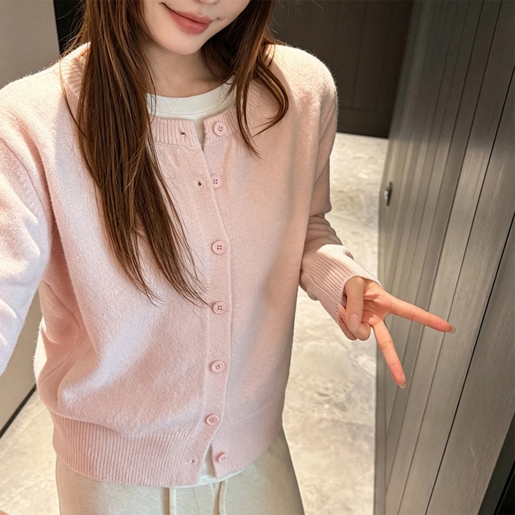 Women's Fleece Knit Loose Short Cashmere Sweater For Slim Round Neck Knit- Cardigan Female Sweater Cloting