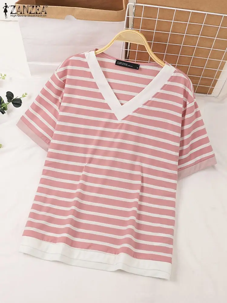 ZANZEA Women Casual Plaid Tees Summer Short Sleeve T-shirt Fashion Korean V-neck Knitted Tops Holiday Vintage Simple Basic Tunic