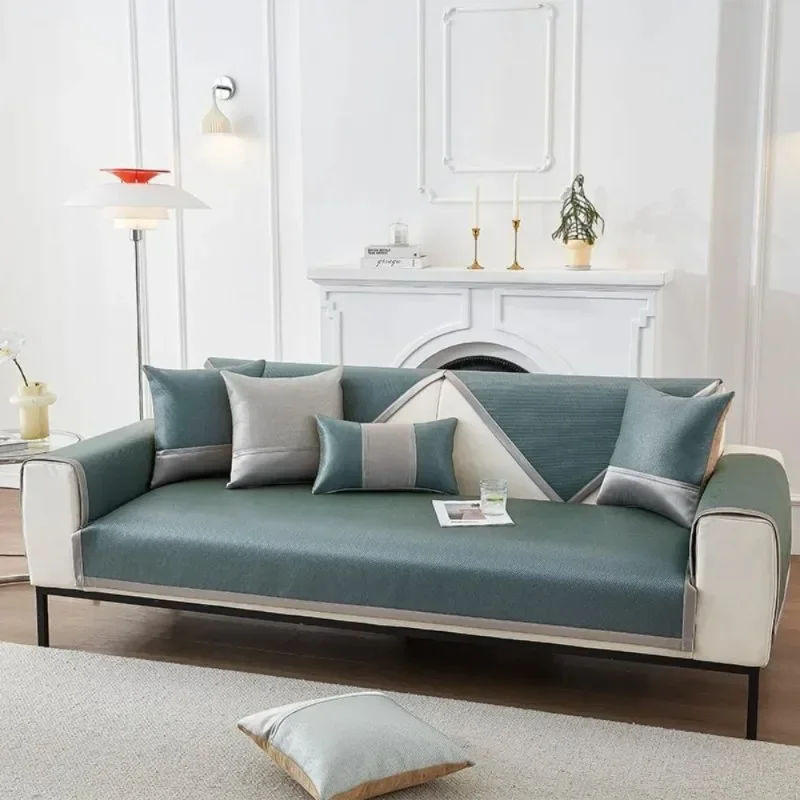 Solid Color Rattan Sofa Cushion Summer Edition Cooling Mattress Pad Ice Silk Fabric Anti-Slip Dustproof Cover