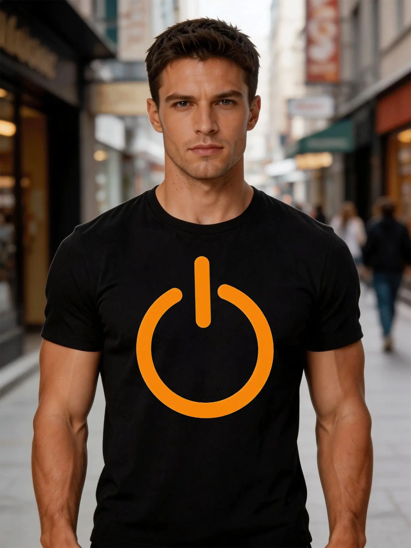 New Men Heather Grey Crew Neck Tee Bold Orange Power Button Minimal Electronic Symbol Simple Tech Graphic Casual Cotton Tops