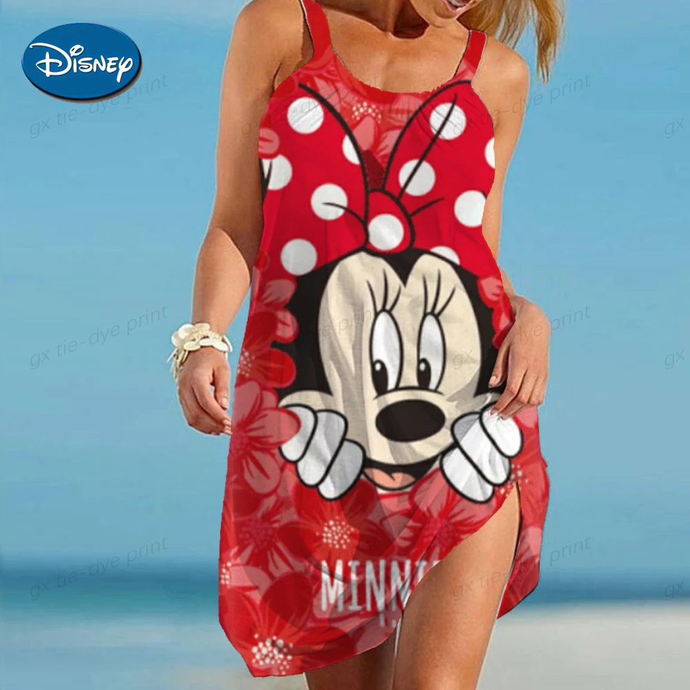 

Disney-Mickey/Minnie Mouse Cartoon Dress Boho Elegant Dresses For Women Summer 2024 Printed O-Neck Top 2024 Women's Beach Dress