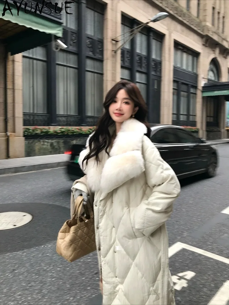 AYUNSUE Women 90% White Goose Down Puffer Coat Winter Real Fox Fur Collar Down Jacket Long Length Clothing Loose Fit New 2026