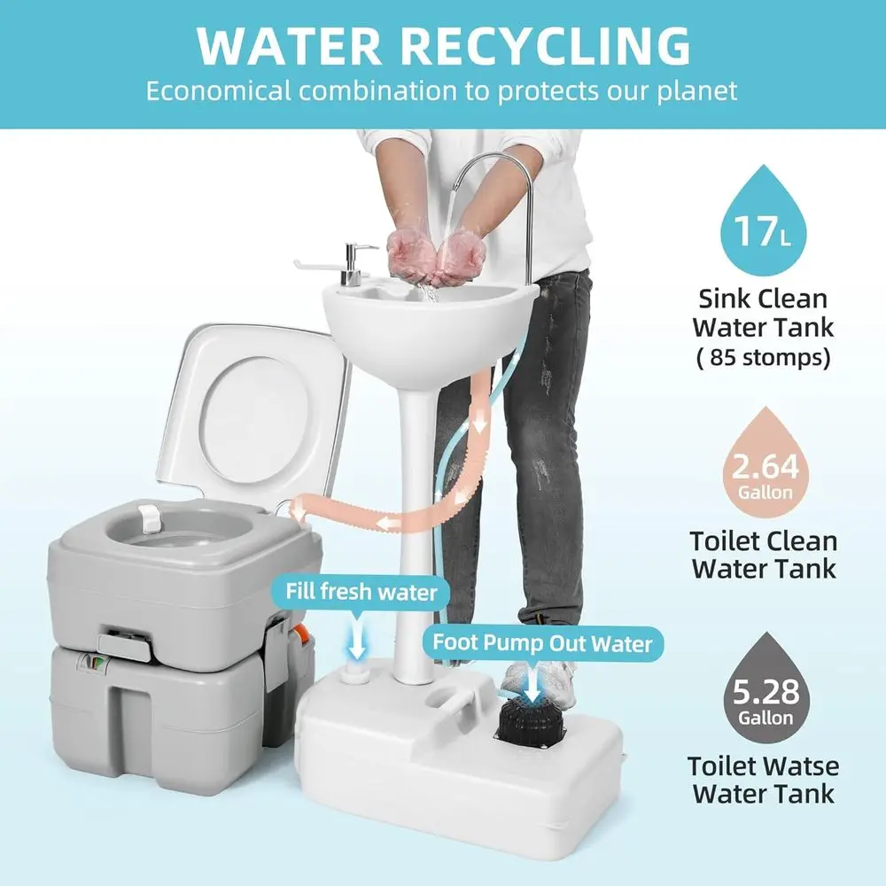 17L Portable Sink for Washing Hands and 5.28 Gallon Portable Toilet, RV Camping Toilet With Level Indicator & Rotatable Spout fo