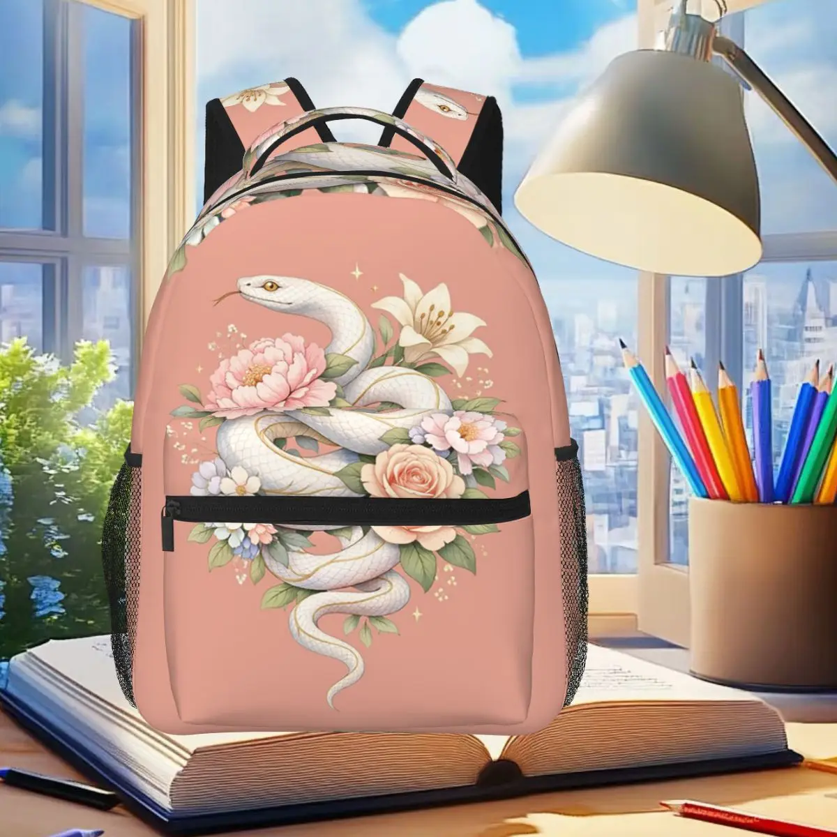 Elegant Snake With Roses And Flowers Floral Backpack Student Boys Girls BookBag Kids School Bag Laptop Shoulder Bags for Unisex