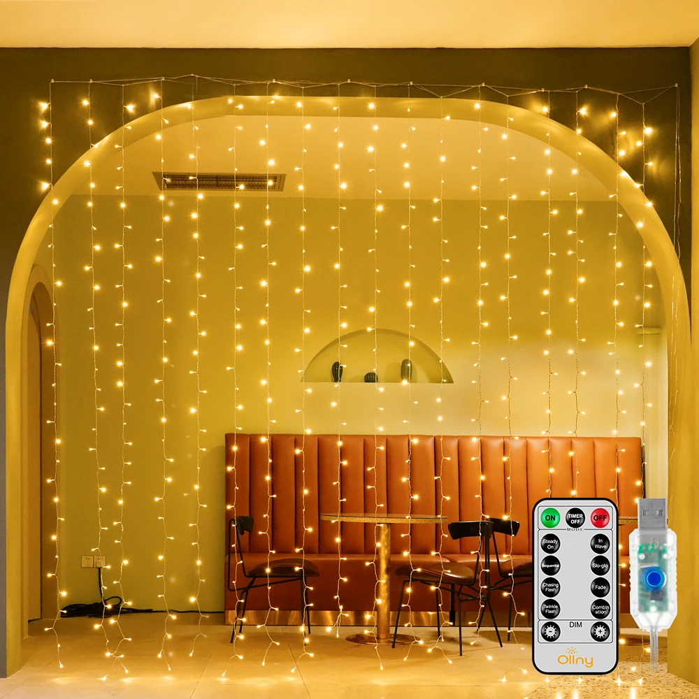 

Ollny 300 LED 9.8ftx9.8ft Outdoor Waterproof Christmas Curtain Lights with Remote Timer 8 Modes, USB Powered