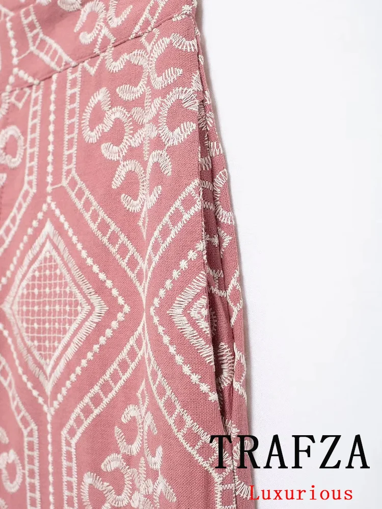 TRAFZA Vintage Chic Women Suit Embroidery Cardign Long Sleeve Jacket Loose Straight Pants New Fashion 2024 Autumn Winter Suits