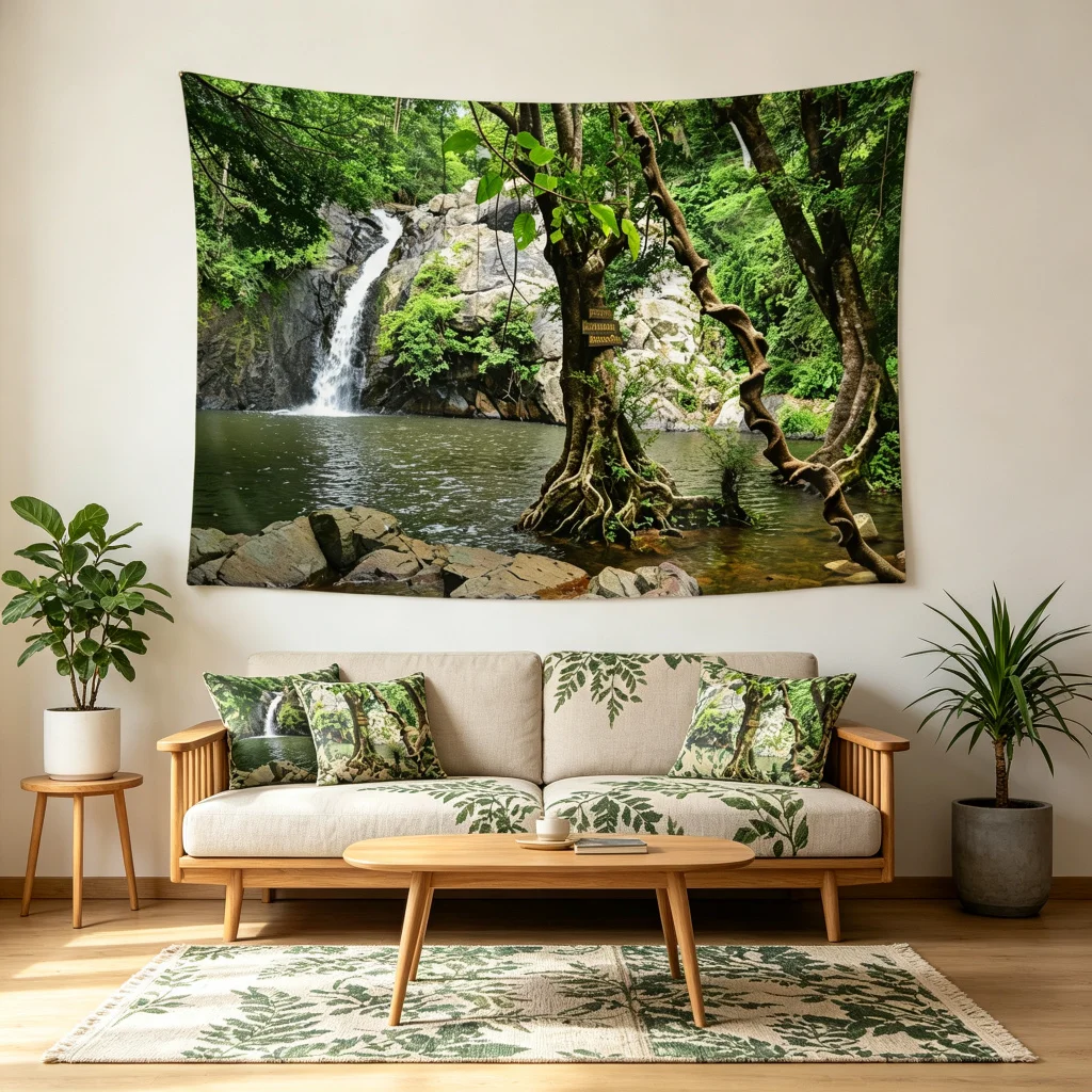 1PC Jungle Waterfall Rock Tree View Print Backdrop Banner, Bedroom Living Room Photo Background, Polyester, Home Decor, Wall Art