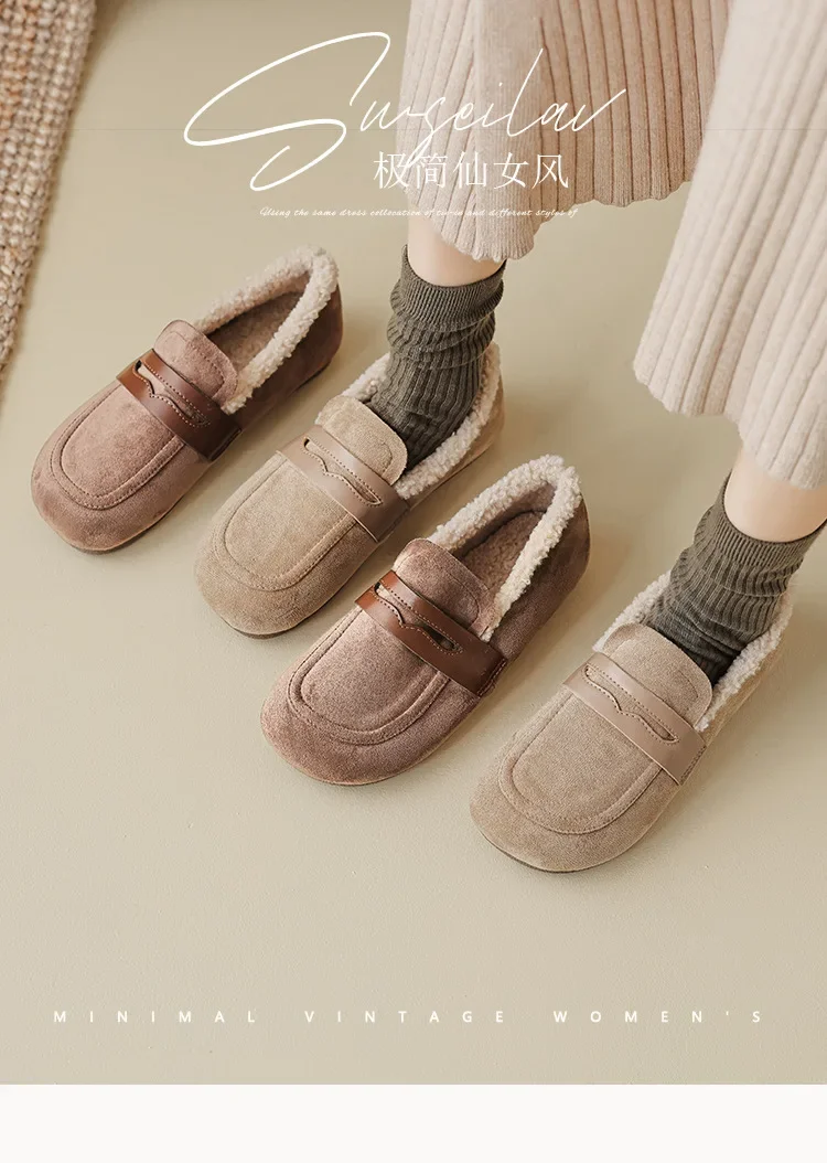 Lässige Flache Schuhe aus Lammwolle für Damen, Schuhe mit Obermaterial aus Flock, Winter-Loafer mit breiter, quadratischer Zehenpartie, Pelz-Mokasins für Damen, mit Baumwollfutter, Schafsfell-Stiefel – Detail 2