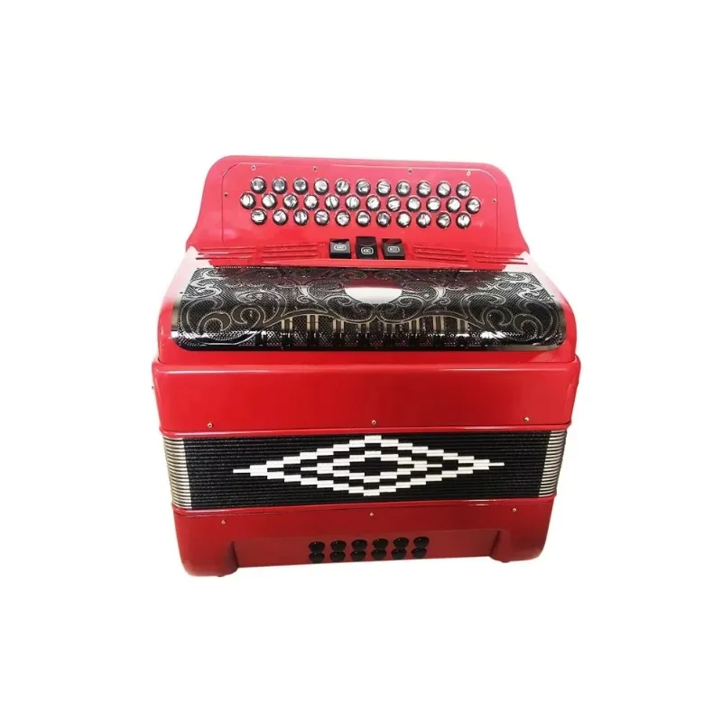 

Professional JB3412C Accordion Instrument 34 Buttons 12 Bass 3 Registers Red Body with Black Grill Buttons Diatonic Conformation