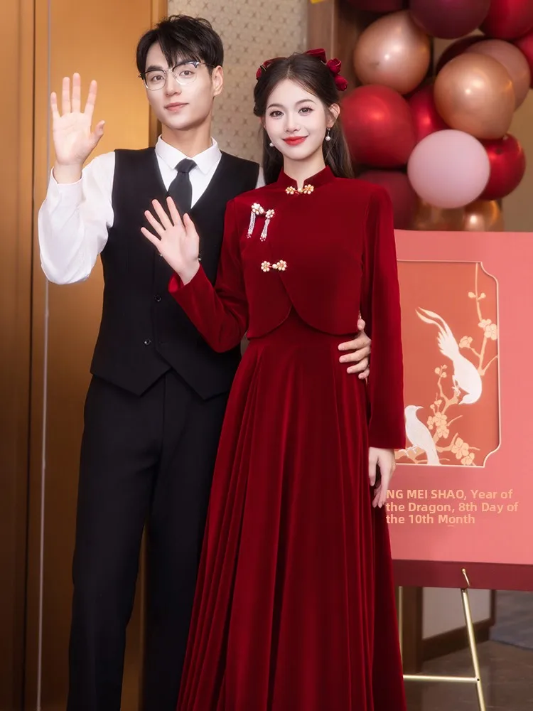 

New Chinese Sle Wine Red Bridal Dr 2025 New Version Engagement Evening Gown Wedding Dr Set Winter Long Sve