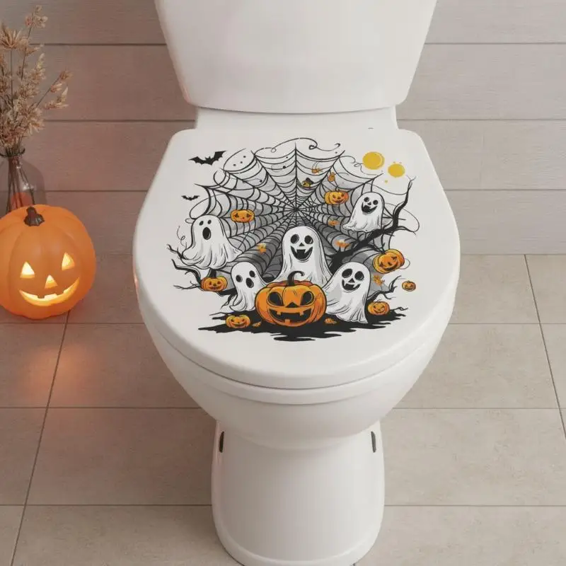 Halloween Toilet Sticker Waterproof Self-Adhesive Ghost Pumpkin Spider Web for Indoor Holiday Party Restroom Decor