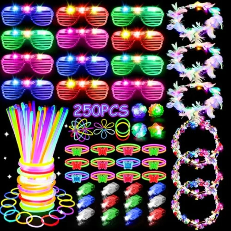 

JOJUJB 250PCS Glow in the Dark Party plies for Adults, Light Up Party Favors with Light Up Toy Glasses, 100 Glow Sticks Bulk Pa