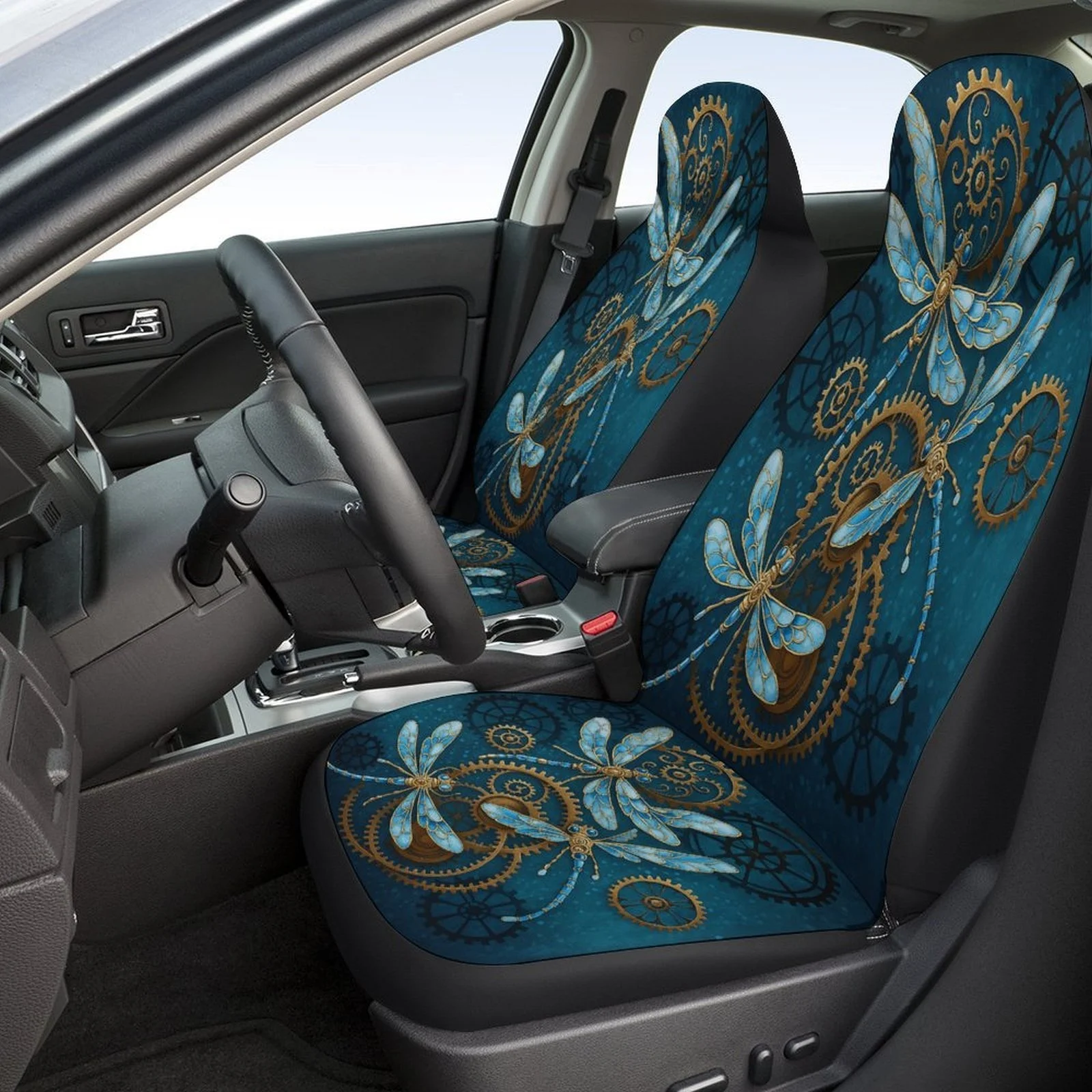 Steampunk Dragonflies Themed Car Seat Cover Set For Most Cars, Decorative Trendy High-quality Car Seat Protector Covers Full Set