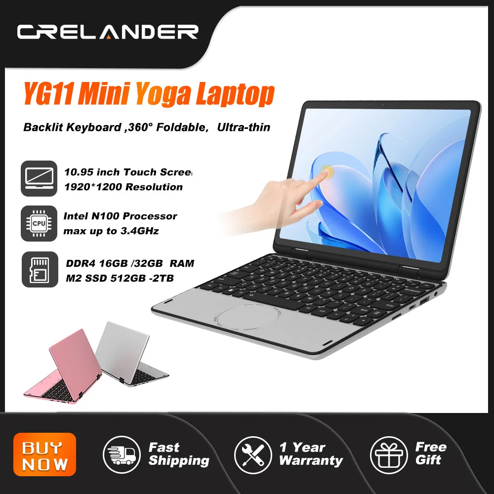 CRELANDER Mini Laptop 10,95 "ekran dotykowy Intel N100 CPU Windows 11 512 GB M2 SSD 2 w 1 Notebook Pocket PC Tablet Yoga Laptopy