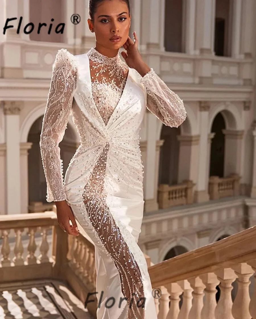 Vestido De Noiva Ivory Pearls Beadings Mermaid Wedding Dress 2024 Backless Long Sleeve Bridal Customized Dress Robe De Mariée