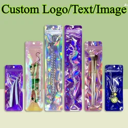 300PCS Long Hologram Iridescent Ziplock Hanging Bag DIY Logo Print Laser Makeup Brush Watch Data Lines Pen Battery Spoon Pouches