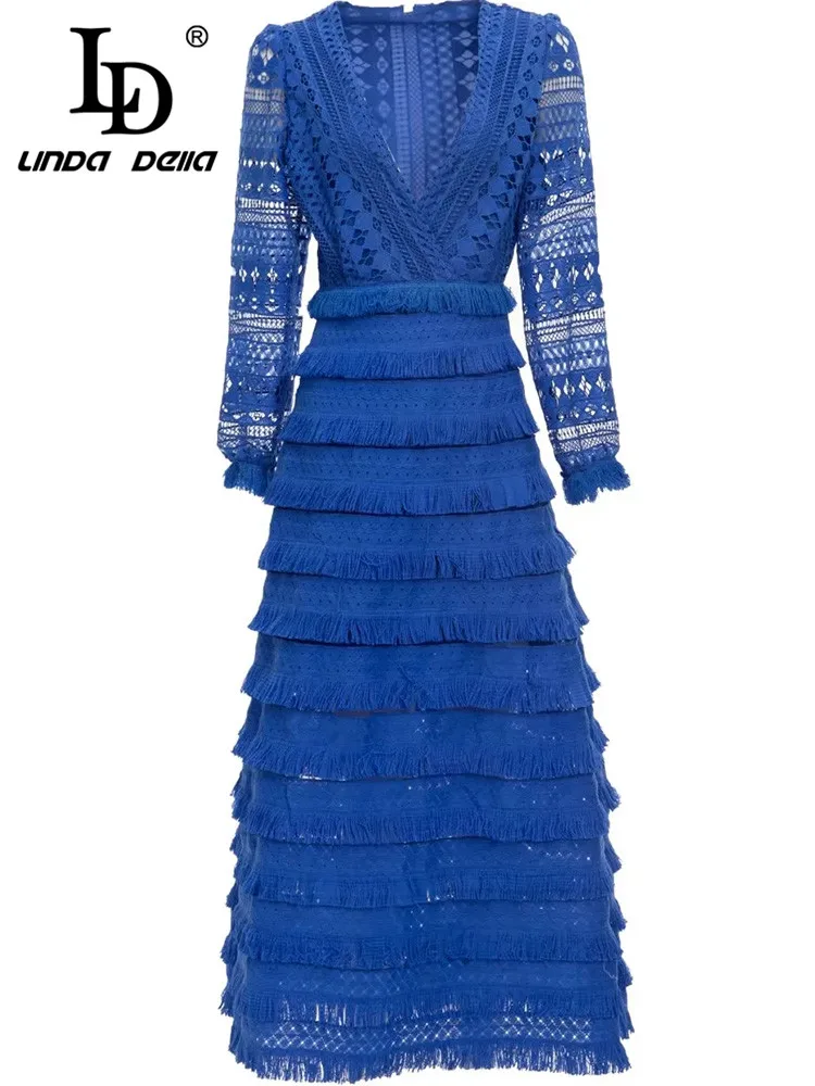 LD LINDA DELLA Fashion Runway Autumn Dress Women's V Neck Hollow out Lantern sleeve Tassel Blue Vacation Long Cake Dresses