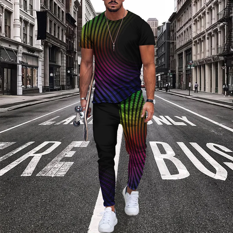 2022 Summer Men Tracksuit Color Splash 3D Printed Short Sleeve T Shirt Long Pants 2-częściowe zestawy Casual Trend Oversized Clothing