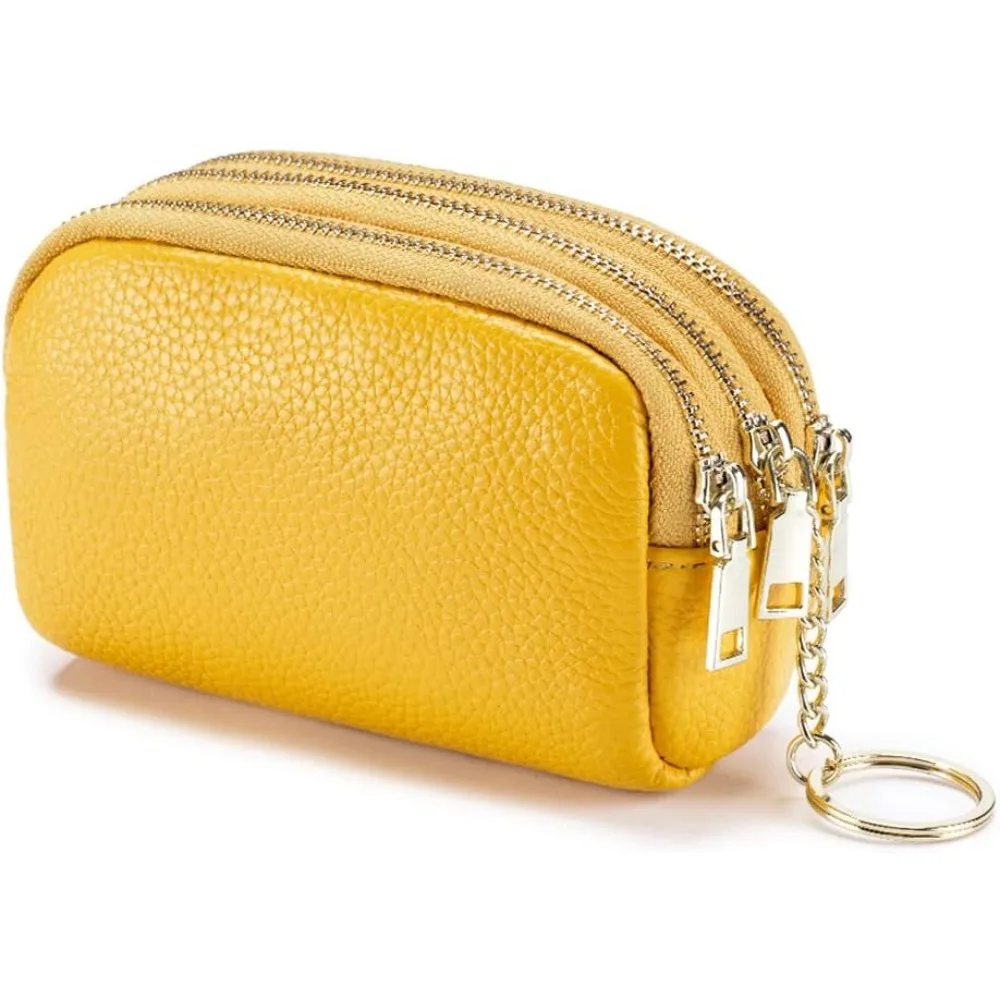 

3 Zippered Genuine Leather Coin Purse Triple Capacity Change Pouch Little Travel Wallet With Key Ring for Women