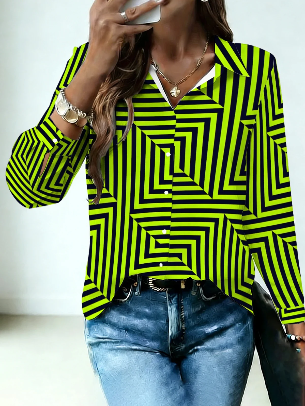 Chemisier à revers pour femme, motif à rayures carrées à illusion optique minimaliste, vert citron et bleu marine contrastant, à manches longues, style décontracté pour jeunes