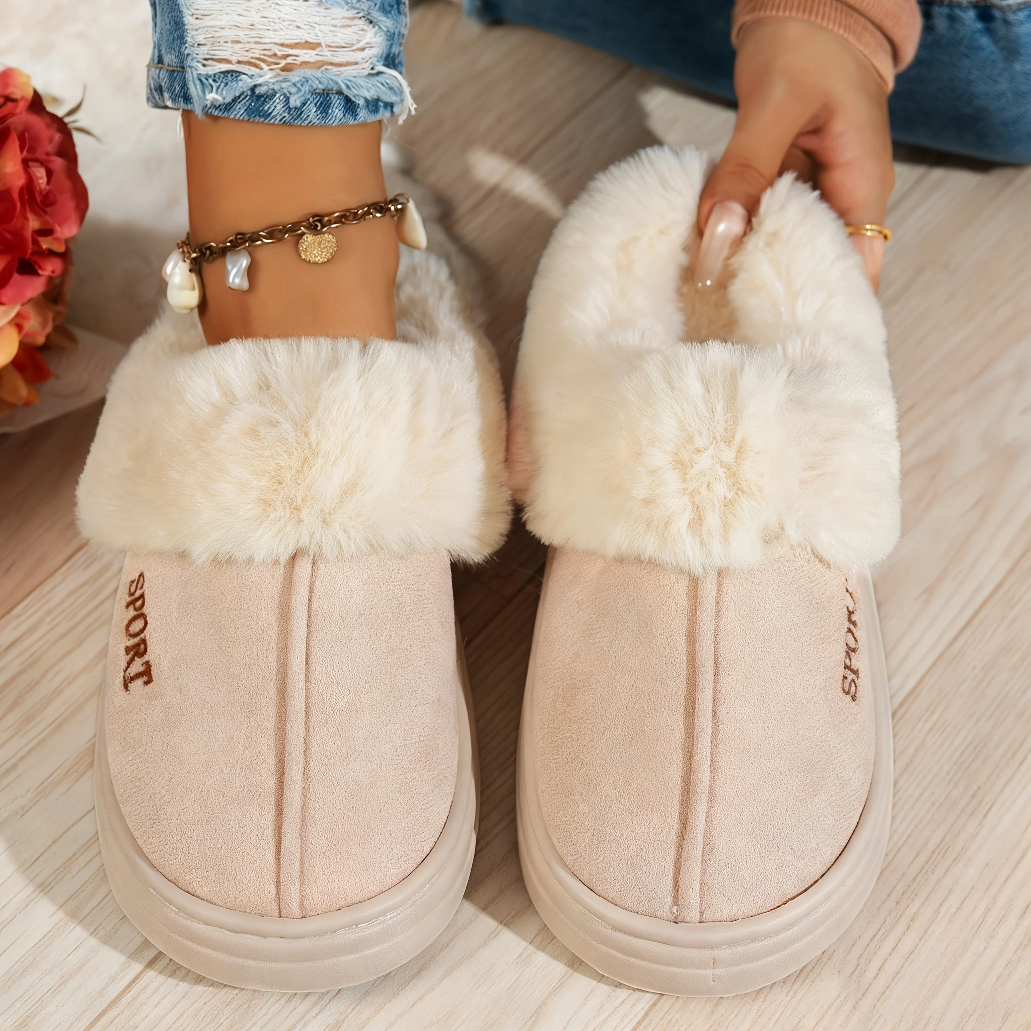 1 Pair Plush Fuzzy Slippers for Women, Closed Toe Open Back Warm House Shoes with Thick Non Slip Sole, Autumn Winter Home Wear