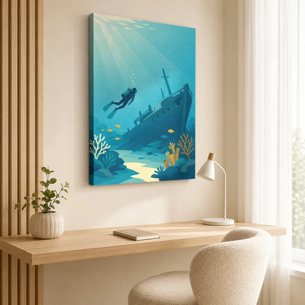 Scuba Diver Explores Shipwreck Canvas Painting Poster Customized Gaming Anime Wall Art for Game Room Decor Gift for Collectors