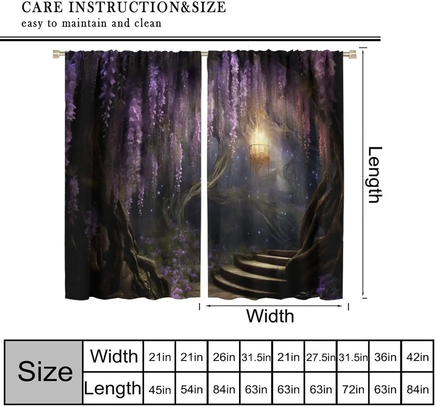 Fantasy Forest Curtains, Enchanted Wonderland Purple Wisteria Flower Lanterns Nature Scenery Window Treatment for Living Room