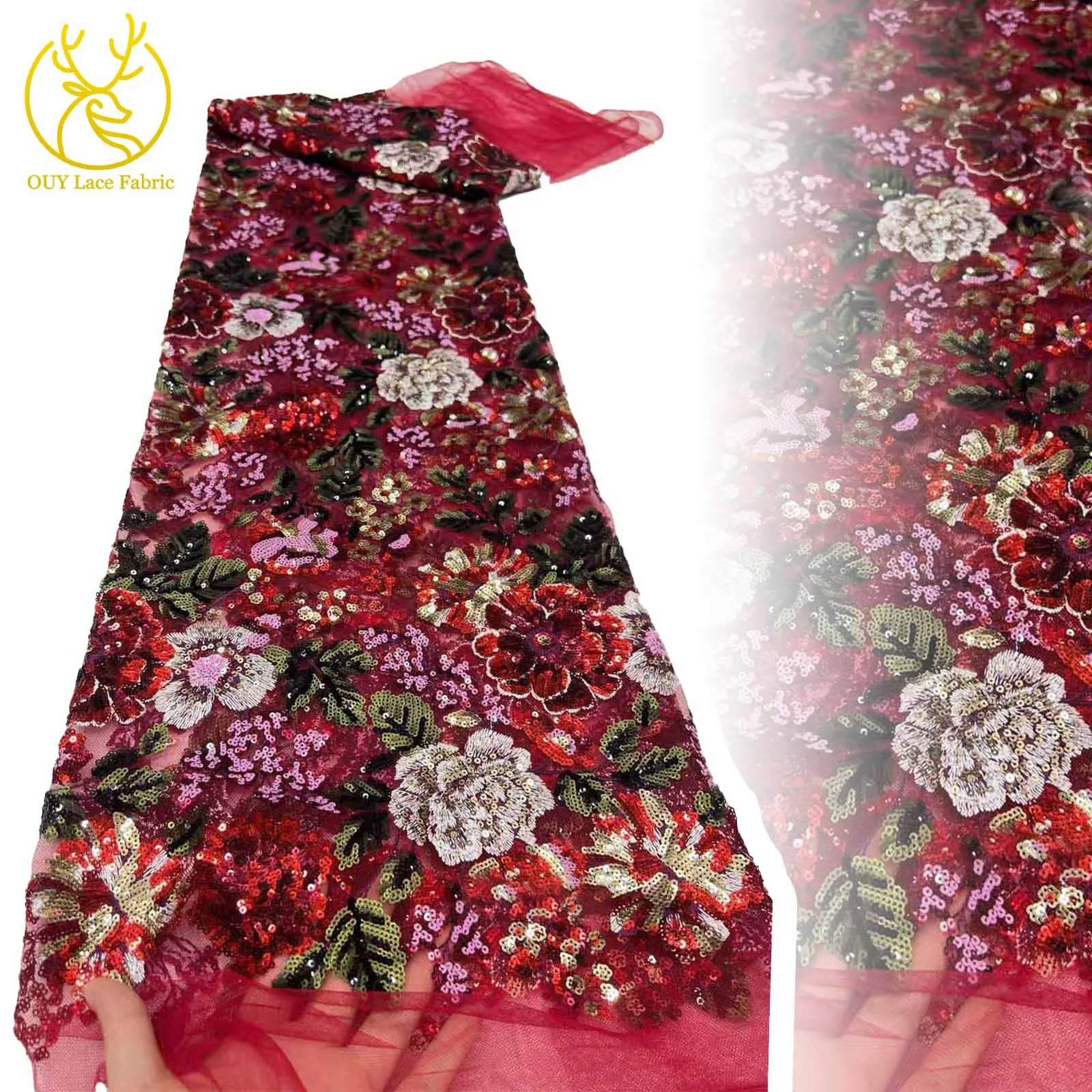 

French Sequin Mesh Groom Embroidered Floral Lace Fabric 2025 African Nigerian Sequin Lace Fabric for Party Dresses Stitching 5Y