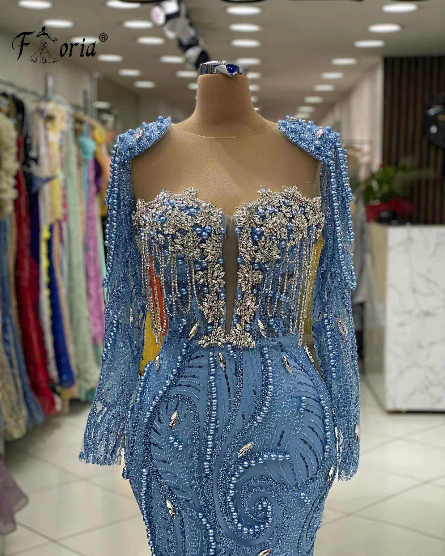 Elegant Blue Pearls Beaded Party Celebrity Dress Long Sleeves Mermaid Prom Dresses Floor Length Tassel Formal Occasion Vestidos