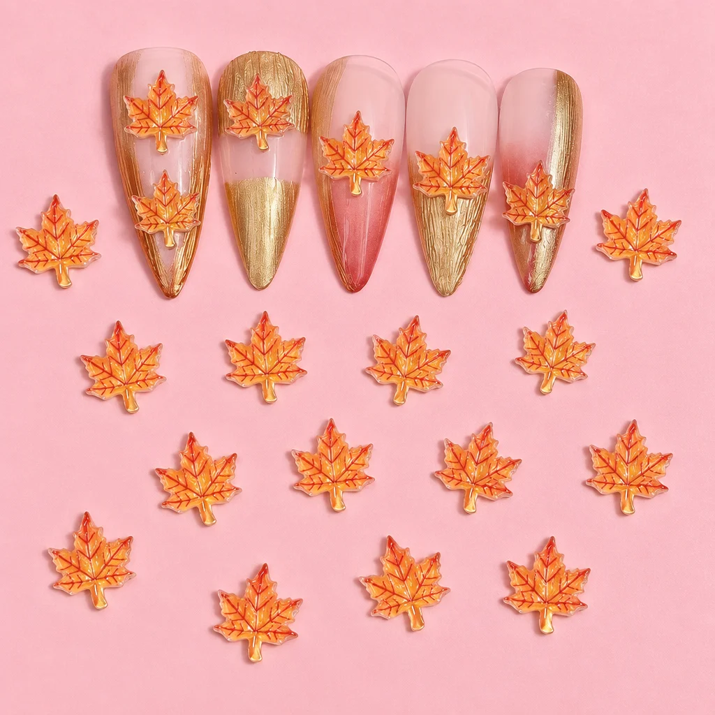 50pcs Resin Maple Leaf Autumn 3D Nail Art Charms Orange-yellow Withered Maple Leaf Nail Rhinestones Autumn Leaf Nail Decorations