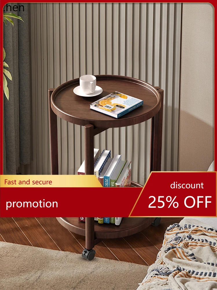 

YFY all solid wood edge table round small coffee table with wheels movable sofa round table