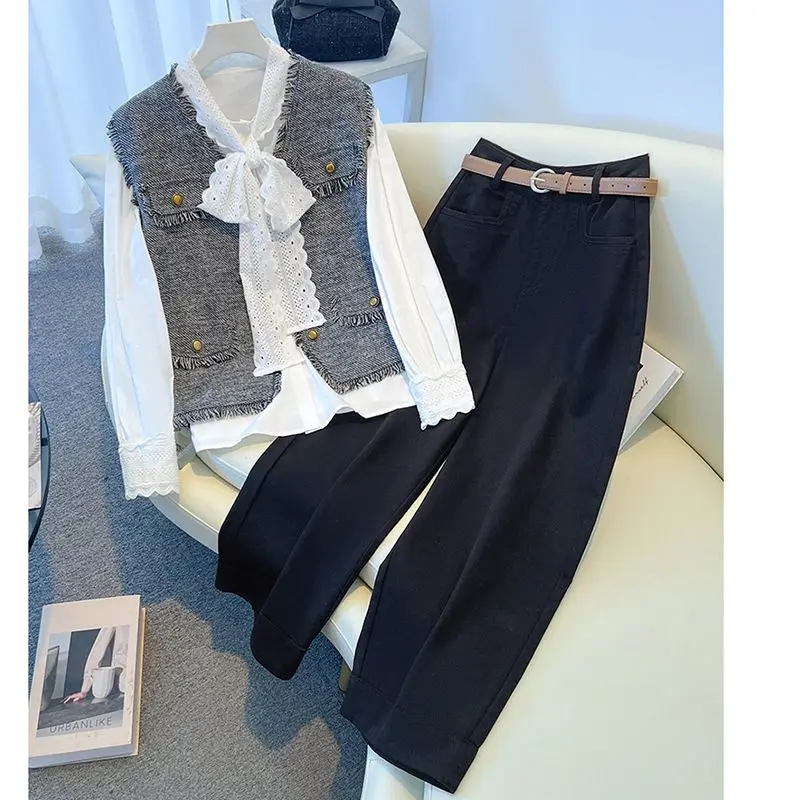 

Small fragrant style tassel vest shirt long pants temperament three piece set women's 2025 autumn new commute set
