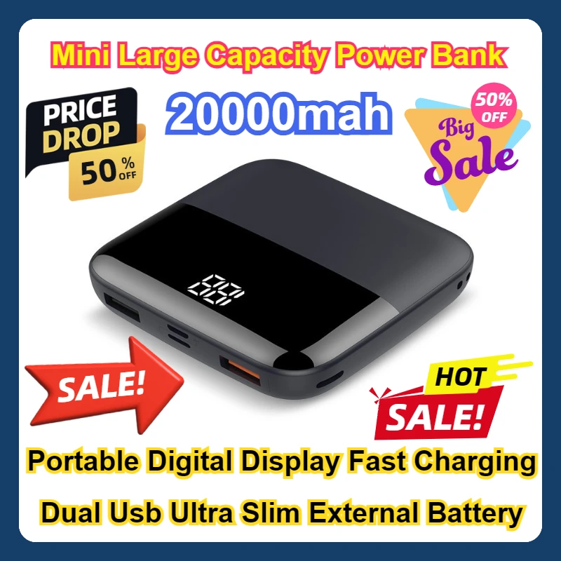 

New 20000mah Mini Large Capacity Power Bank Portable Digital Display Fast Charging Dual Usb Ultra Slim External Battery