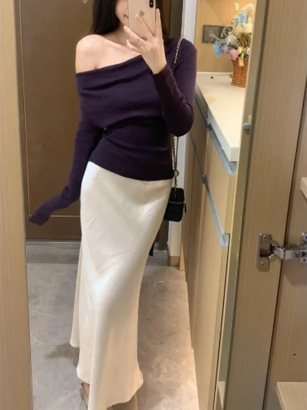 

Purple Asymmetrical Shoulder Banded Knitwear Women's Autumn Winter Korean Style Slim Fit Shoulder Exposure Knitted Top