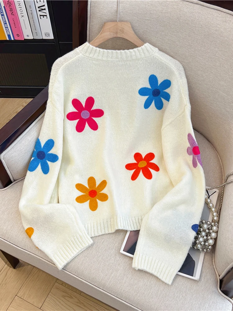 Women's Flower Cardigan Sweater Harajuku Korean 90s Y2k Long Sleeves Sweaters Jumper Vintage 2000s Cutecore Clothes Autumn 2024