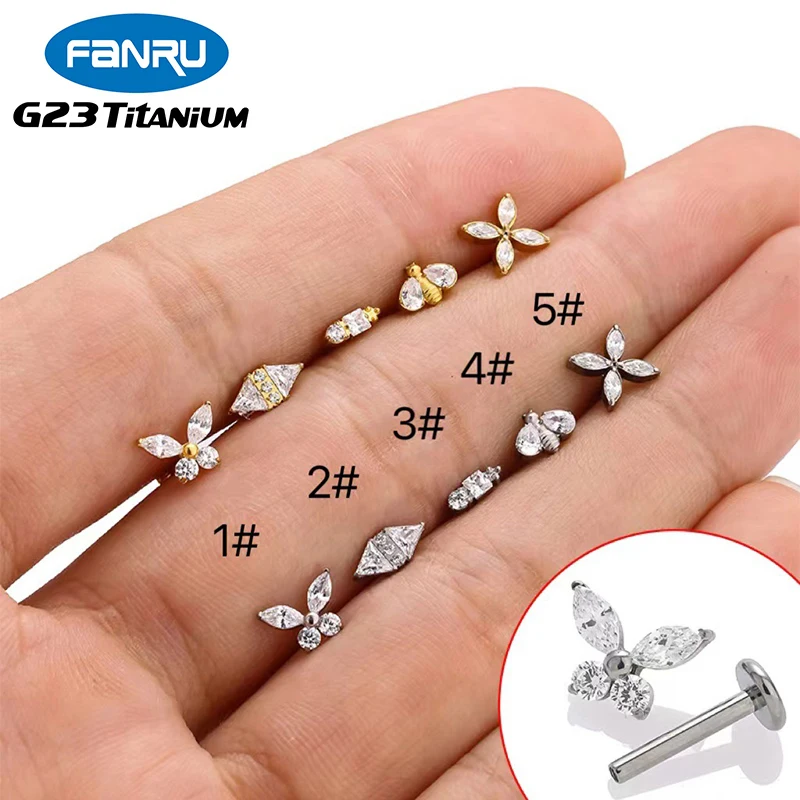 

1PC G23 Titanium Piercing Labret Lip Studs Zircon Bee Butterfly Ear Stud Internal Thread Helix Cartilage Tragus Body Jewelry 16G